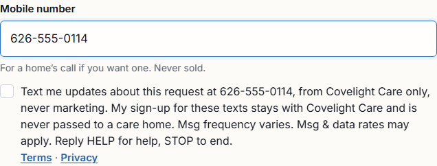 Under the phone field on the request form. The box starts unticked, and the request sends without it. Shown with an example home and number.