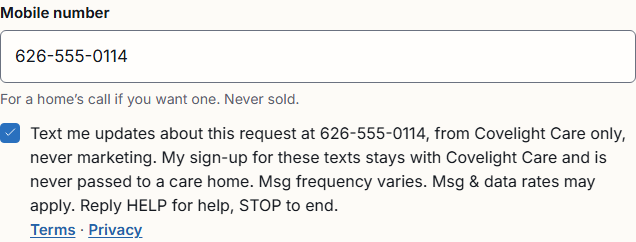 Ticked: she has asked for texts about this request. Shown with an example home and number.