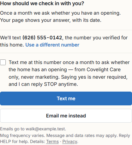 The choice, after the home has proved its number with a code. The box starts unticked. Shown with an example home and number.